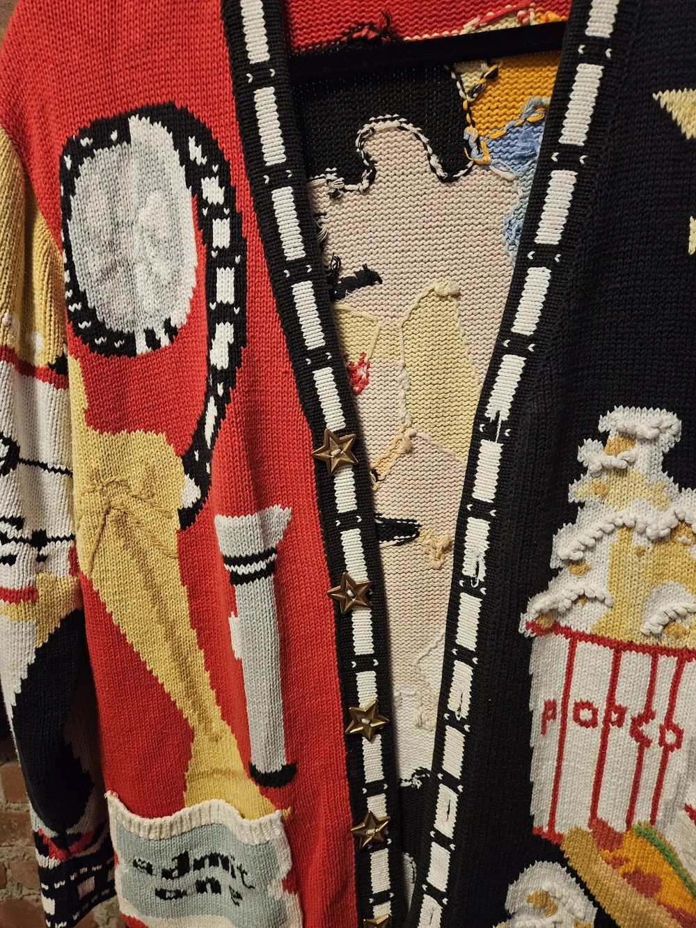 Oscar Themed Red and Black Novelty Knit Sweater Cardigan